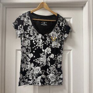 True Religion Dark Floral Foil Classic Rounded V-Neck Tee Size Small